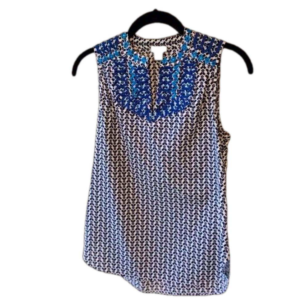 J. Crew Factory Sleeveless Geometric Print and Embroidered Top 00P 100% Cotton